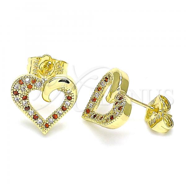 Oro Laminado Stud Earring, Gold Filled Style Heart Design, with Garnet and White Micro Pave, Polished, Golden Finish, 02.199.0032.1