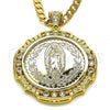 Oro Laminado Religious Pendant, Gold Filled Style Centenario Coin and Guadalupe Design, with White Cubic Zirconia, Polished, Golden Finish, 05.253.0174