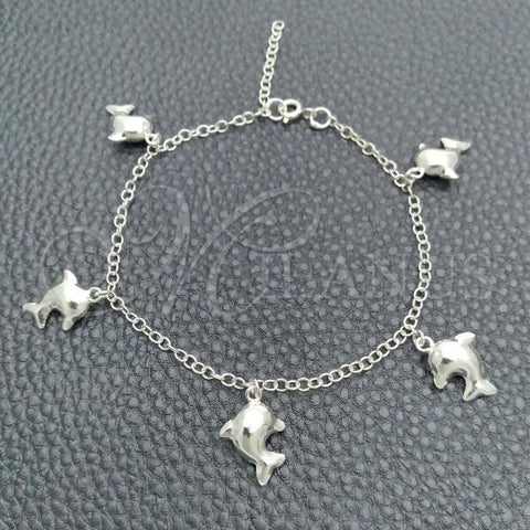 Sterling Silver Charm Bracelet, Dolphin and Rolo Design, Polished, Silver Finish, 03.395.0013.07