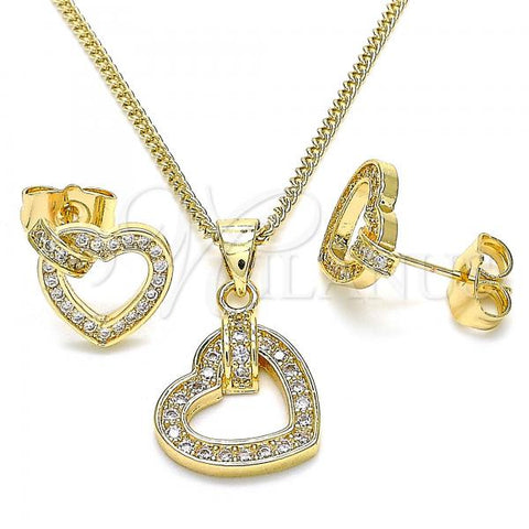 Oro Laminado Earring and Pendant Adult Set, Gold Filled Style Heart Design, with White Micro Pave, Polished, Golden Finish, 10.156.0281