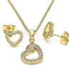 Oro Laminado Earring and Pendant Adult Set, Gold Filled Style Heart Design, with White Micro Pave, Polished, Golden Finish, 10.156.0281