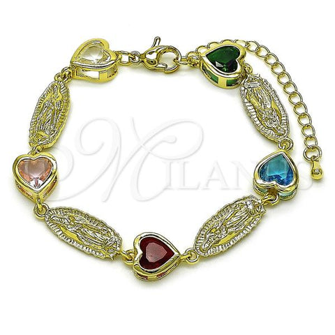 Oro Laminado Fancy Bracelet, Gold Filled Style Guadalupe and Heart Design, with Multicolor Cubic Zirconia, Polished, Golden Finish, 03.423.0001.3.07