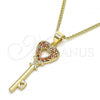 Oro Laminado Pendant Necklace, Gold Filled Style key and Heart Design, with Garnet Micro Pave, Polished, Golden Finish, 04.344.0016.1.20