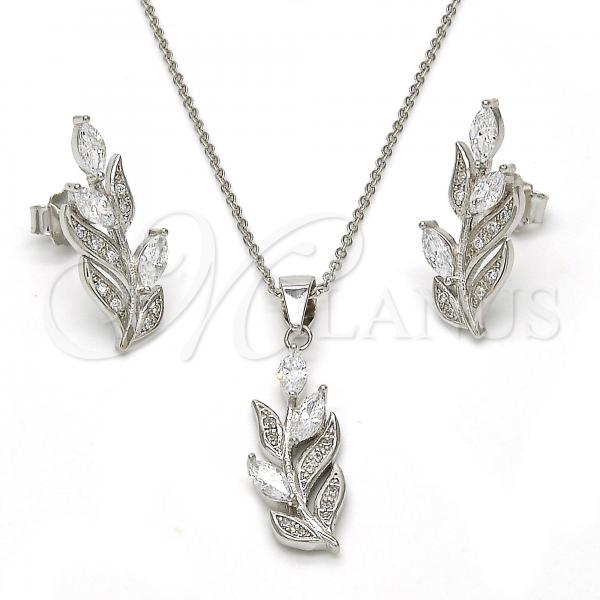 Sterling Silver Earring and Pendant Adult Set, Leaf Design, with White Cubic Zirconia, Polished, Rhodium Finish, 10.174.0270