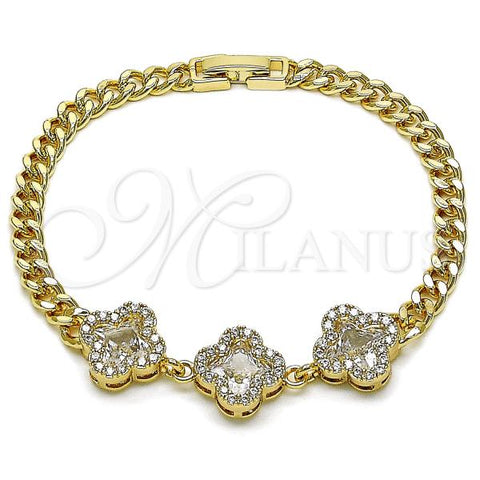 Oro Laminado Fancy Bracelet, Gold Filled Style Four-leaf Clover and Miami Cuban Design, with White Cubic Zirconia and White Micro Pave, Polished, Golden Finish, 03.283.0434.07