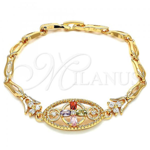 Oro Laminado Fancy Bracelet, Gold Filled Style Flower and Fish Design, with Multicolor Cubic Zirconia, Polished, Golden Finish, 03.323.0011.07