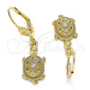 Oro Laminado Dangle Earring, Gold Filled Style Turtle Design, with White Micro Pave, Polished, Golden Finish, 02.210.0392