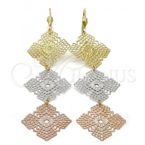 Oro Laminado Long Earring, Gold Filled Style Flower and Filigree Design, Diamond Cutting Finish, Tricolor, 5.067.005.1