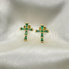 Oro Laminado Stud Earring, Gold Filled Style Cross Design, with Green Cubic Zirconia, Polished, Golden Finish, 02.341.0137