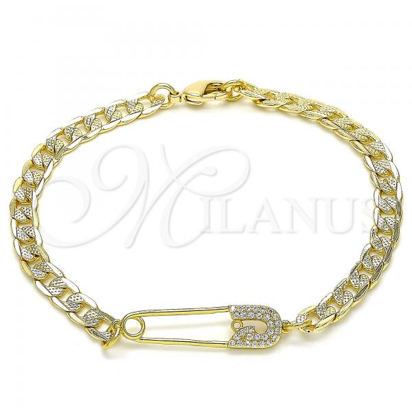 Oro Laminado Fancy Bracelet, Gold Filled Style Paperclip Design, with White Micro Pave, Polished, Golden Finish, 03.313.0038.08