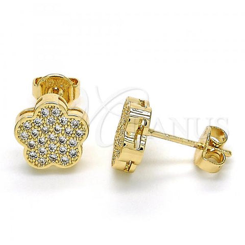 Oro Laminado Stud Earring, Gold Filled Style Flower Design, with White Micro Pave, Polished, Golden Finish, 02.156.0299