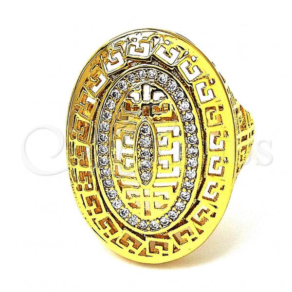 Oro Laminado Multi Stone Ring, Gold Filled Style Greek Key Design, with White Micro Pave, Polished, Golden Finish, 01.118.0024.09 (Size 9)