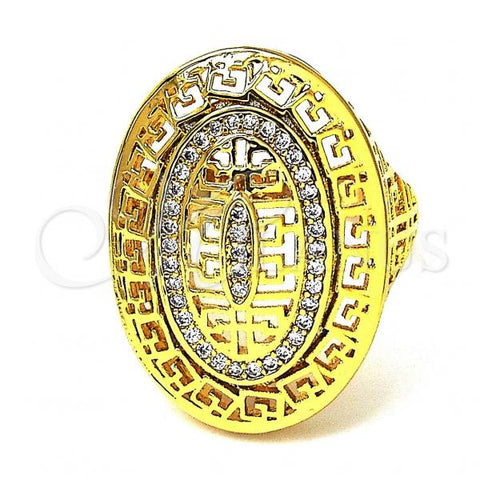 Oro Laminado Multi Stone Ring, Gold Filled Style Greek Key Design, with White Micro Pave, Polished, Golden Finish, 01.118.0024.09 (Size 9)