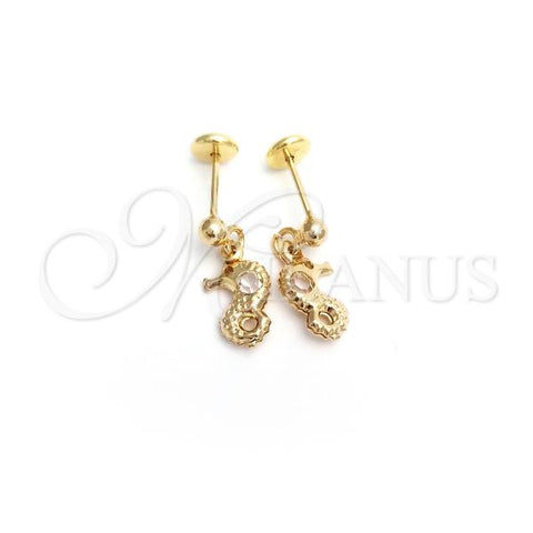 Oro Laminado Stud Earring, Gold Filled Style Seahorse Design, with White Crystal, Turquoise Polished, Golden Finish, 02.58.0018