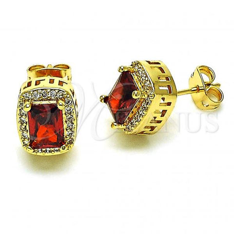 Oro Laminado Stud Earring, Gold Filled Style with Garnet Cubic Zirconia and White Micro Pave, Polished, Golden Finish, 02.342.0209.1