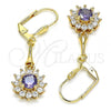 Oro Laminado Long Earring, Gold Filled Style Flower Design, with Amethyst and White Cubic Zirconia, Polished, Golden Finish, 02.387.0055
