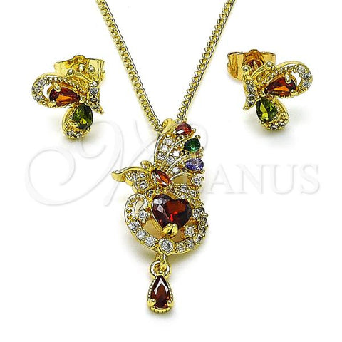 Oro Laminado Earring and Pendant Adult Set, Gold Filled Style Butterfly and Heart Design, with Multicolor and White Cubic Zirconia, Polished, Golden Finish, 10.284.0034