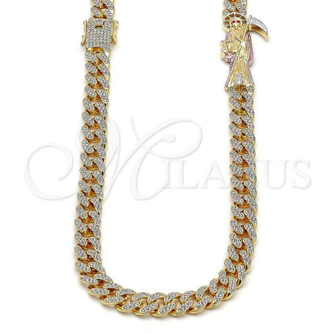 Oro Laminado Fancy Necklace, Gold Filled Style Miami Cuban and Santa Muerte Design, with White Crystal, Polished, Tricolor, 04.253.0028.24