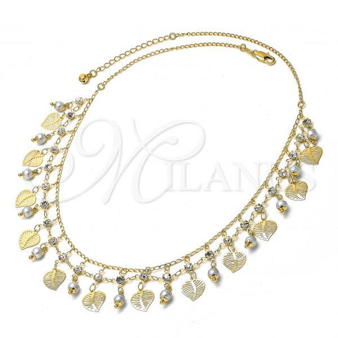 Oro Laminado Fancy Necklace, Gold Filled Style Leaf Design, with Gray Pearl and White Cubic Zirconia, Polished, Golden Finish, 04.105.0014