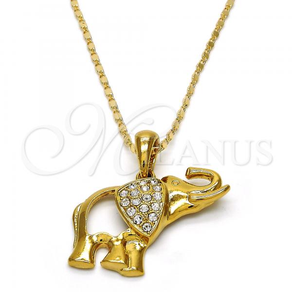 Oro Laminado Pendant Necklace, Gold Filled Style Elephant Design, with White Crystal, Polished, Golden Finish, 04.118.0117.18