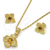 Oro Laminado Earring and Pendant Adult Set, Gold Filled Style Flower Design, with Coffee Crystal, Polished, Golden Finish, 10.160.0098