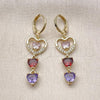 Oro Laminado Long Earring, Gold Filled Style Heart Design, with Multicolor Cubic Zirconia and White Micro Pave, Polished, Golden Finish, 02.196.0250