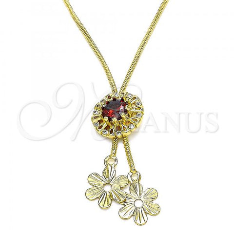 Oro Laminado Fancy Necklace, Gold Filled Style Flower Design, with Garnet and White Cubic Zirconia, Polished, Golden Finish, 04.347.0006.20