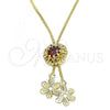 Oro Laminado Fancy Necklace, Gold Filled Style Flower Design, with Garnet and White Cubic Zirconia, Polished, Golden Finish, 04.347.0006.20