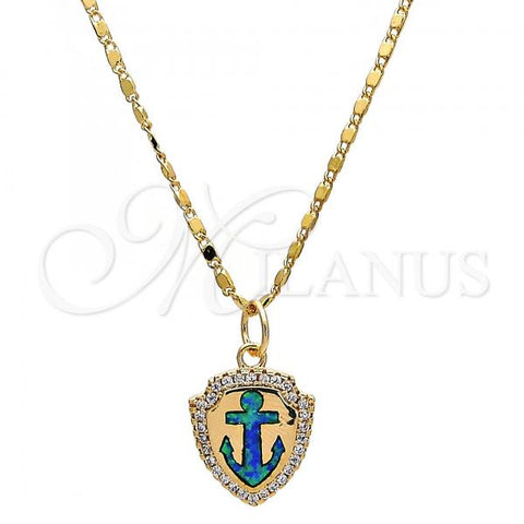 Oro Laminado Pendant Necklace, Gold Filled Style Anchor Design, with Blue Topaz Opal and White Micro Pave, Polished, Golden Finish, 04.63.1326.18