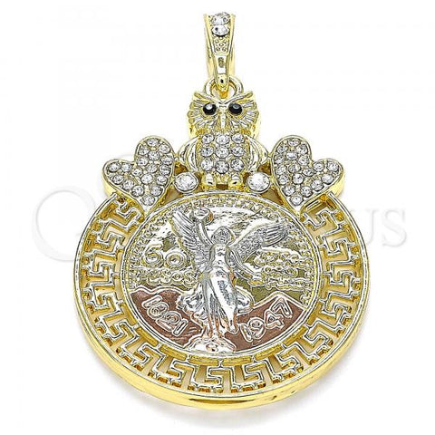 Oro Laminado Religious Pendant, Gold Filled Style Centenario Coin and Angel Design, with White and Black Crystal, Polished, Tricolor, 05.380.0019