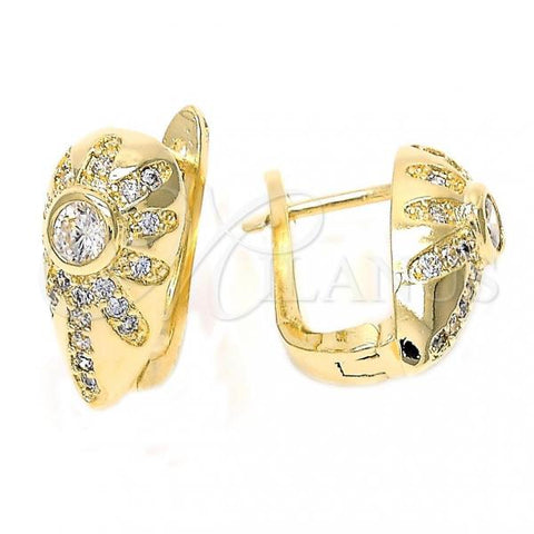 Oro Laminado Huggie Hoop, Gold Filled Style Flower Design, with White Crystal and White Cubic Zirconia, Polished, Golden Finish, 02.155.0064