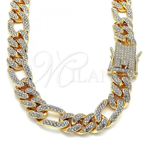 Oro Laminado Basic Necklace, Gold Filled Style Figaro Design, with White Crystal, Polished, Golden Finish, 03.372.0003.18