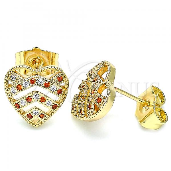 Oro Laminado Stud Earring, Gold Filled Style Heart Design, with Garnet and White Micro Pave, Polished, Golden Finish, 02.156.0496.1