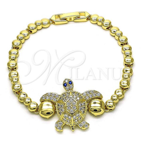 Oro Laminado Fancy Bracelet, Gold Filled Style Turtle Design, with White and Sapphire Blue Micro Pave, Polished, Golden Finish, 03.283.0358.07