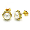 Oro Laminado Stud Earring, Gold Filled Style with Ivory Pearl and White Micro Pave, Polished, Golden Finish, 02.342.0245