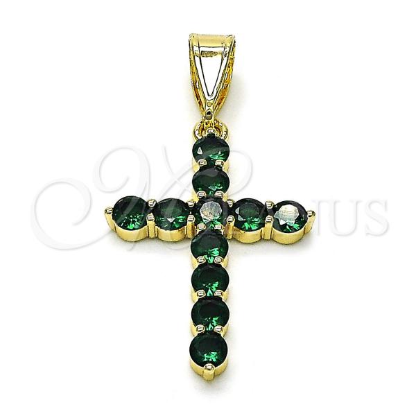 Oro Laminado Religious Pendant, Gold Filled Style Cross Design, with Green Cubic Zirconia, Polished, Golden Finish, 05.253.0183