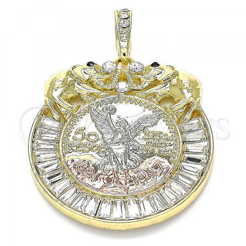 Oro Laminado Religious Pendant, Gold Filled Style Centenario Coin and Angel Design, with White and Black Crystal, Polished, Tricolor, 05.380.0030.2