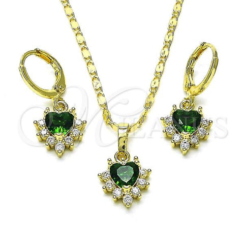 Oro Laminado Earring and Pendant Adult Set, Gold Filled Style Heart and Cluster Design, with Green and White Cubic Zirconia, Polished, Golden Finish, 10.196.0145