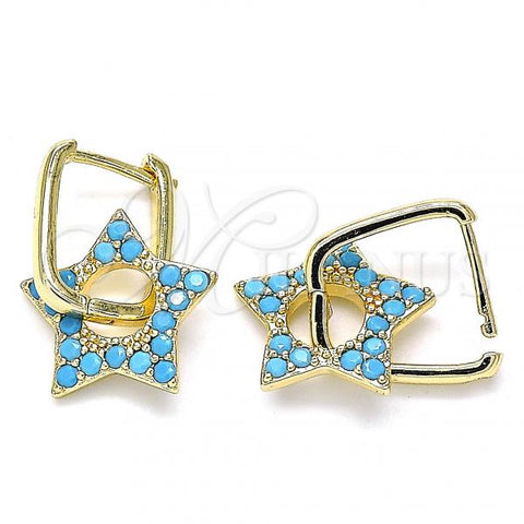 Oro Laminado Huggie Hoop, Gold Filled Style Star and Paperclip Design, with Turquoise Cubic Zirconia, Polished, Golden Finish, 02.210.0470.3.12