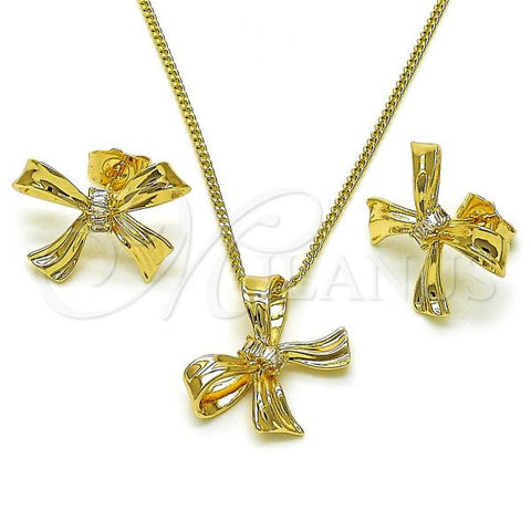 Oro Laminado Earring and Pendant Adult Set, Gold Filled Style Bow and Baguette Design, with White Cubic Zirconia, Polished, Golden Finish, 10.60.0003