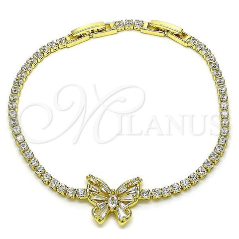 Oro Laminado Tennis Bracelet, Gold Filled Style Butterfly and Baguette Design, with White Cubic Zirconia, Polished, Golden Finish, 03.284.0040.08