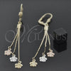 Oro Laminado Long Earring, Gold Filled Style Flower Design, Diamond Cutting Finish, Tricolor, 02.63.2109