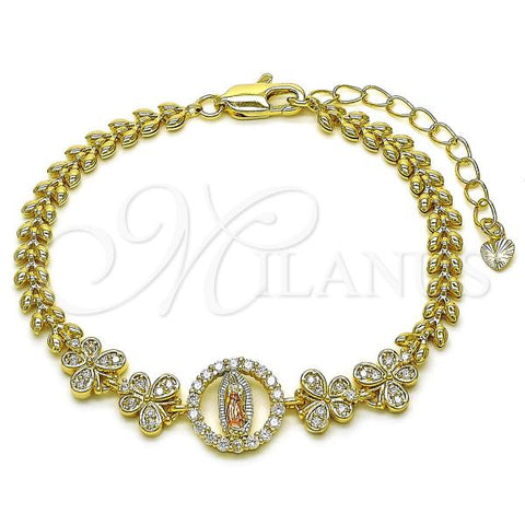Oro Laminado Fancy Bracelet, Gold Filled Style Guadalupe and Butterfly Design, with White Cubic Zirconia, Polished, Tricolor, 03.411.0016.1.07