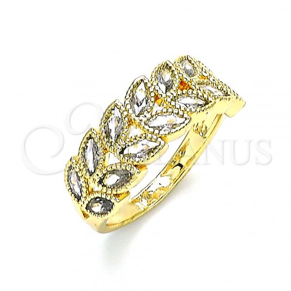 Oro Laminado Multi Stone Ring, Gold Filled Style Leaf Design, with White Cubic Zirconia, Polished, Golden Finish, 01.346.0019.07