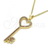 Oro Laminado Pendant Necklace, Gold Filled Style key and Heart Design, with Garnet Micro Pave, Polished, Golden Finish, 04.344.0004.1.20