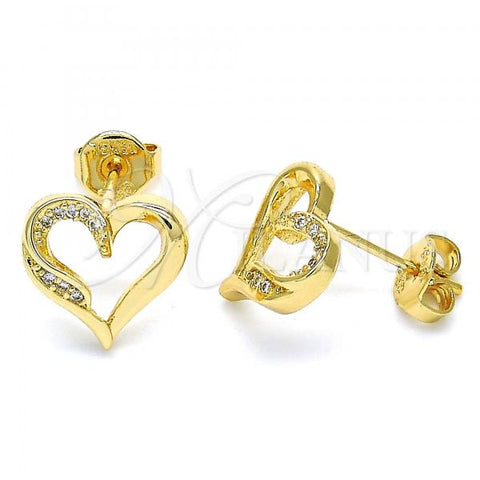 Oro Laminado Stud Earring, Gold Filled Style Heart Design, with White Micro Pave, Polished, Golden Finish, 02.156.0326