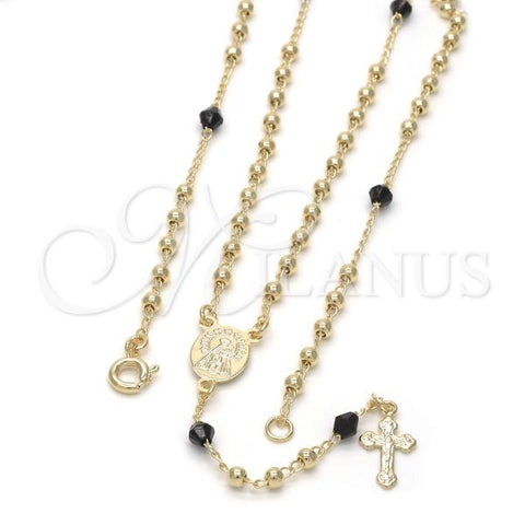 Oro Laminado Thin Rosary, Gold Filled Style Caridad del Cobre and Crucifix Design, with Black Azavache, Polished, Golden Finish, 09.09.0007.18