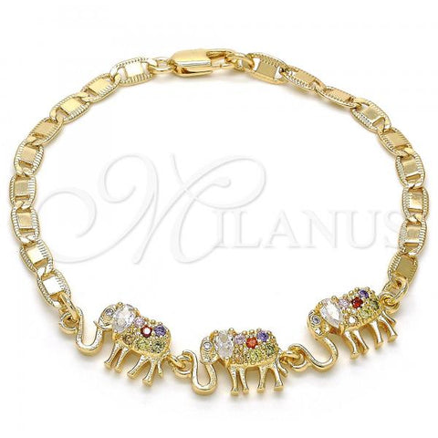 Oro Laminado Fancy Bracelet, Gold Filled Style Elephant Design, with Multicolor Cubic Zirconia, Polished, Golden Finish, 03.63.1990.3.08