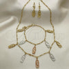Oro Laminado Necklace, Bracelet and Earring, Gold Filled Style Guadalupe Design, Polished, Tricolor, 06.351.0003