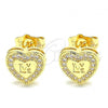 Oro Laminado Stud Earring, Gold Filled Style Heart and Love Design, with White Micro Pave, Polished, Golden Finish, 02.156.0483